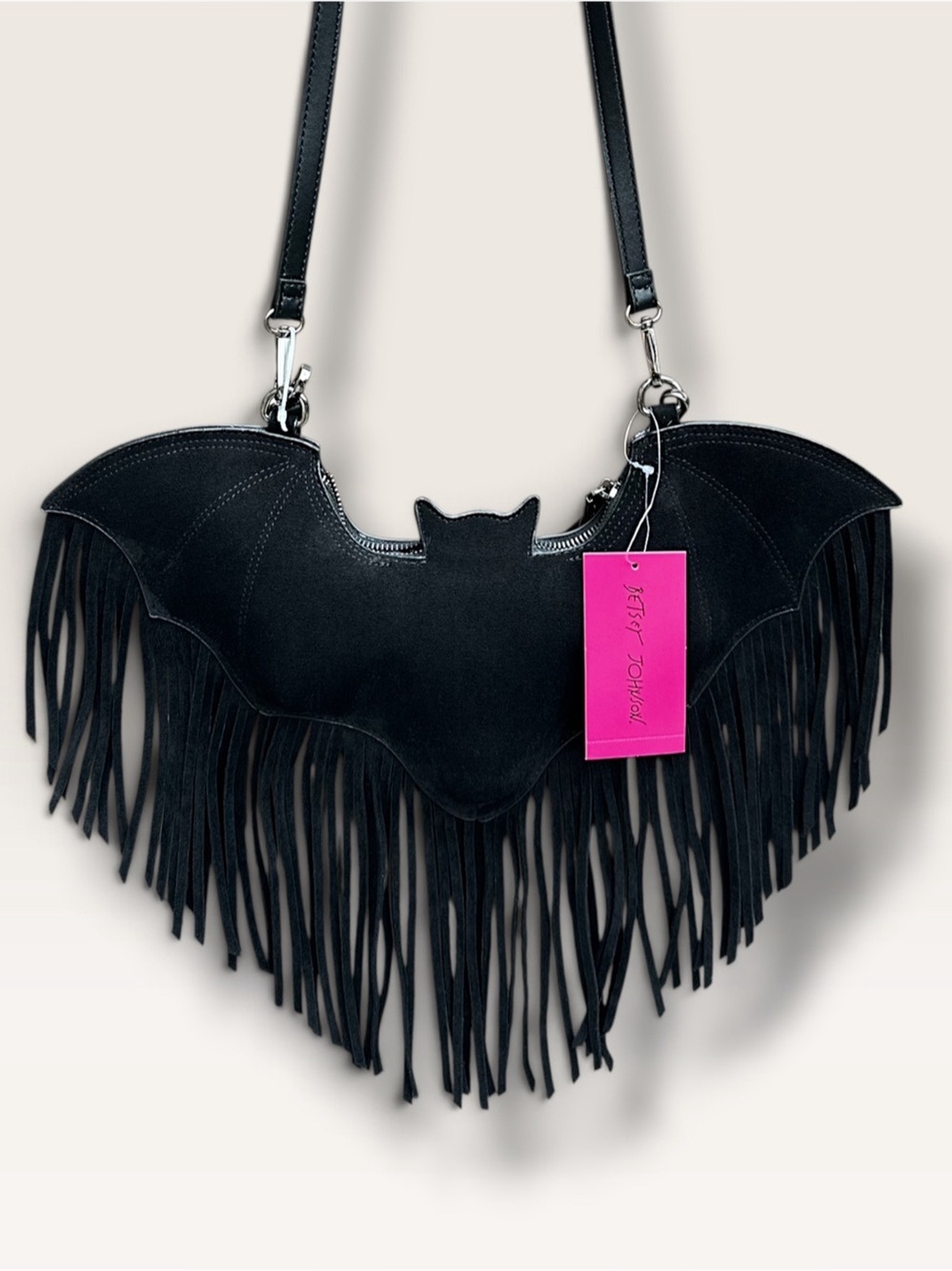 NWT Betsey Johnson Wingin It Black Faux Suede Fringe Bat Crossbody Bag